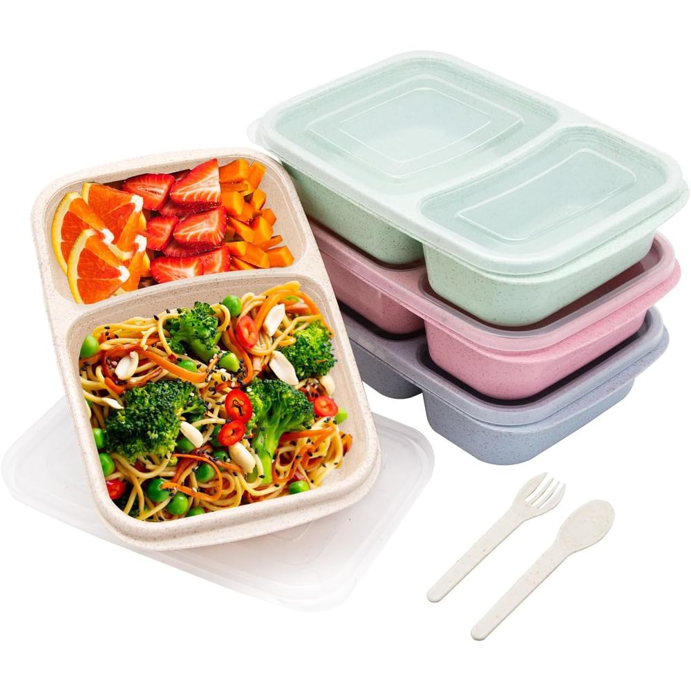 Food Storage Dividers - 4パック弁当箱、2つのコンパートメント付き食事準備容器、蓋付き、電子レンジ＆食洗機対応、再利用可能な仕切り付き食品保存容器
