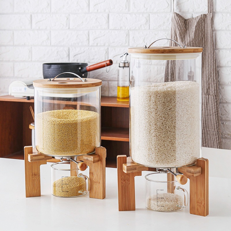 Food Storage Glass Containers Large - 大型高ホウケイ酸ガラス製手作りキッチン米ガラス保存容器ジャー米ディスペンサー（ガラスカップ付き）