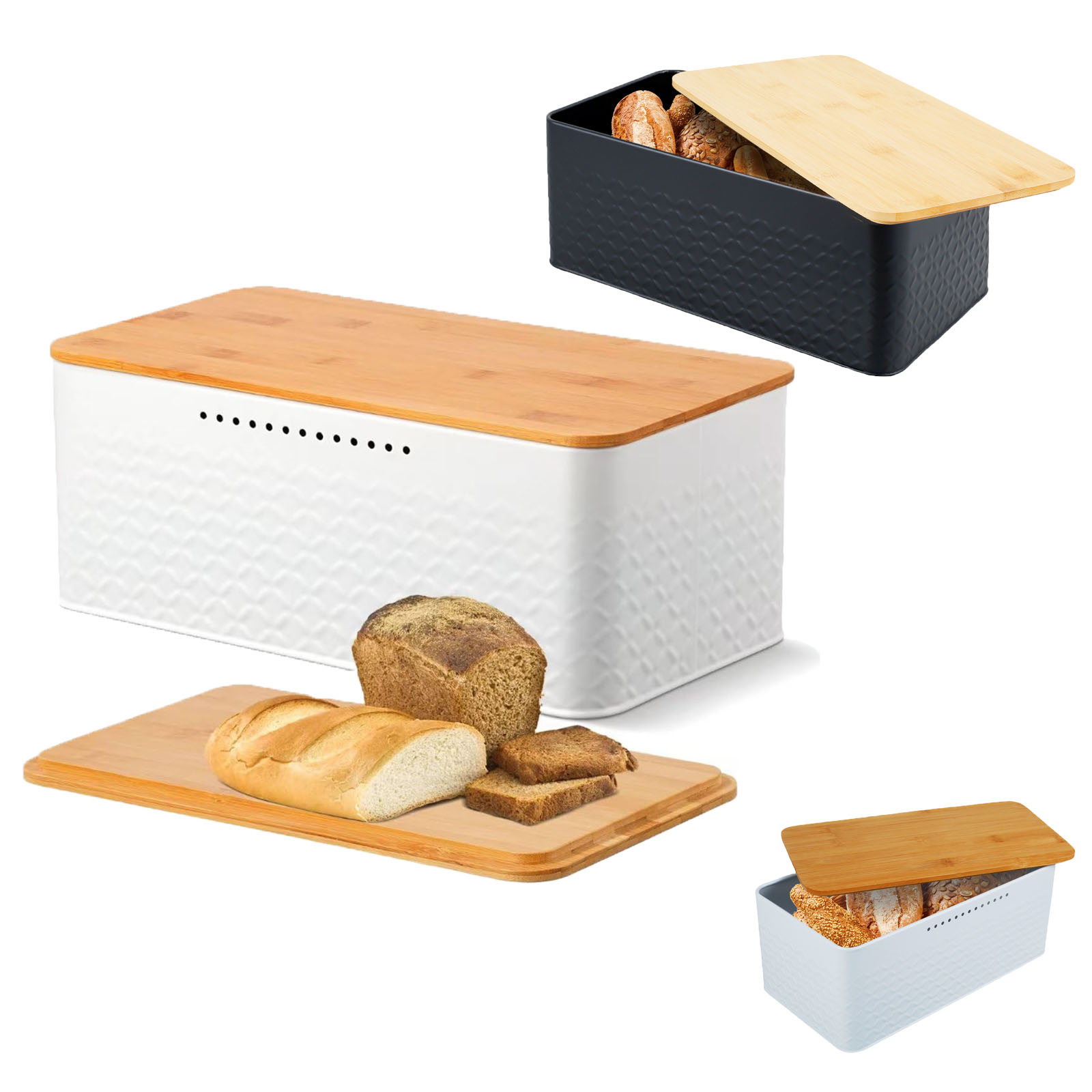 Bread Box Bamboo - 竹のふたが付いた金属製のパン箱,再利用可能な通気性のあるパン収納容器,デザート,家庭用スナック,キッチン