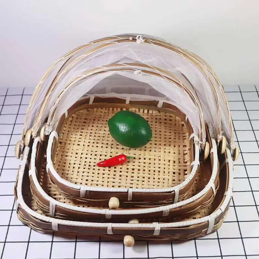 Bread Box Bamboo - 手織り竹食品サービスバスケット、トレイ、果物、野菜、パン、収納バスケット、キッチン、屋外ピクニックメッシュネットカバー