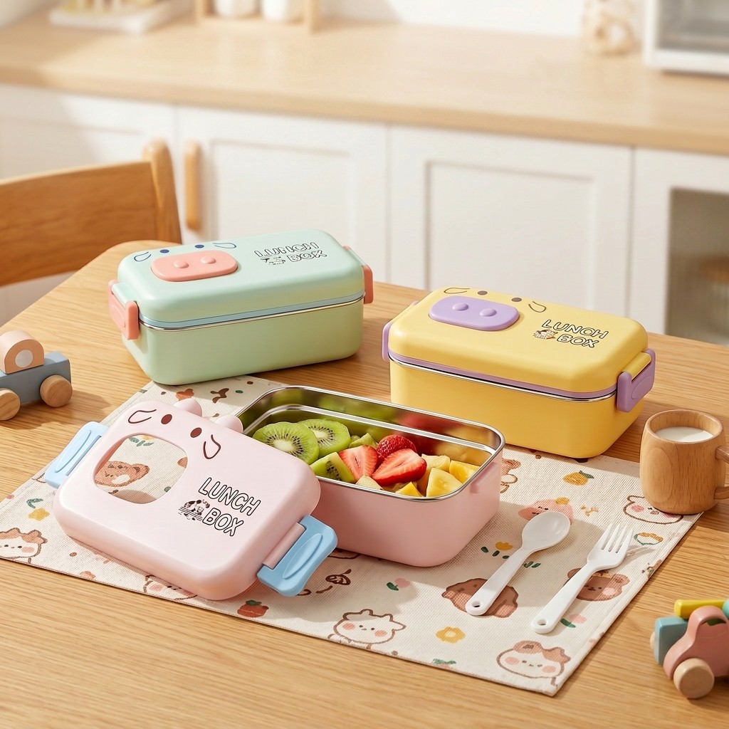 Food Storage Dividers - 304ステンレス製弁当箱、漏れ防止仕切り付き子供用ランチボックス、漫画柄、電子レンジ対応食品保存容器、カトラリー付きスナックボックス