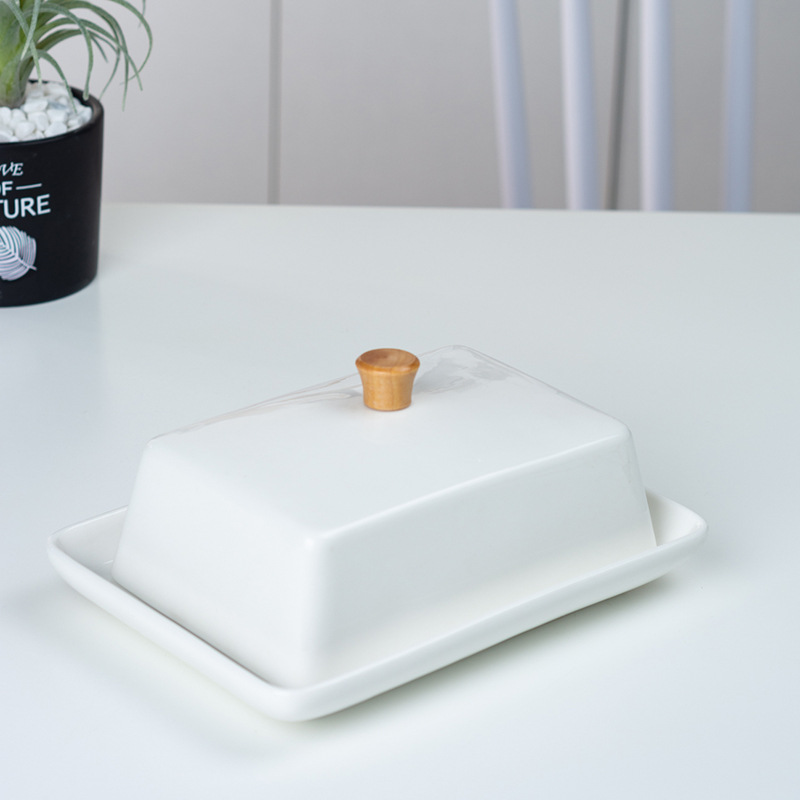 Bread Box Bamboo - 陶器製の竹と木の蓋付きバターディッシュ、クロスボーダー長方形の西洋風バター収納ボックスセット、パンとバターのボックス