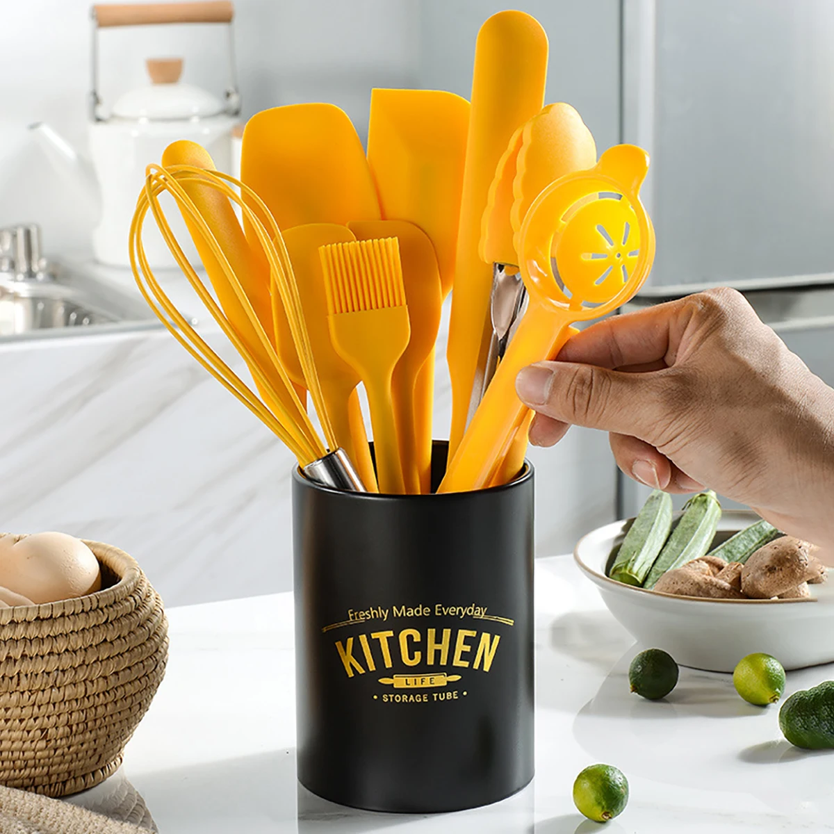 Food Storage Yellow - 10個入り イエロー キッチン用品セット シリコン製ベーキングツールセット スクレーパー オイルブラシ