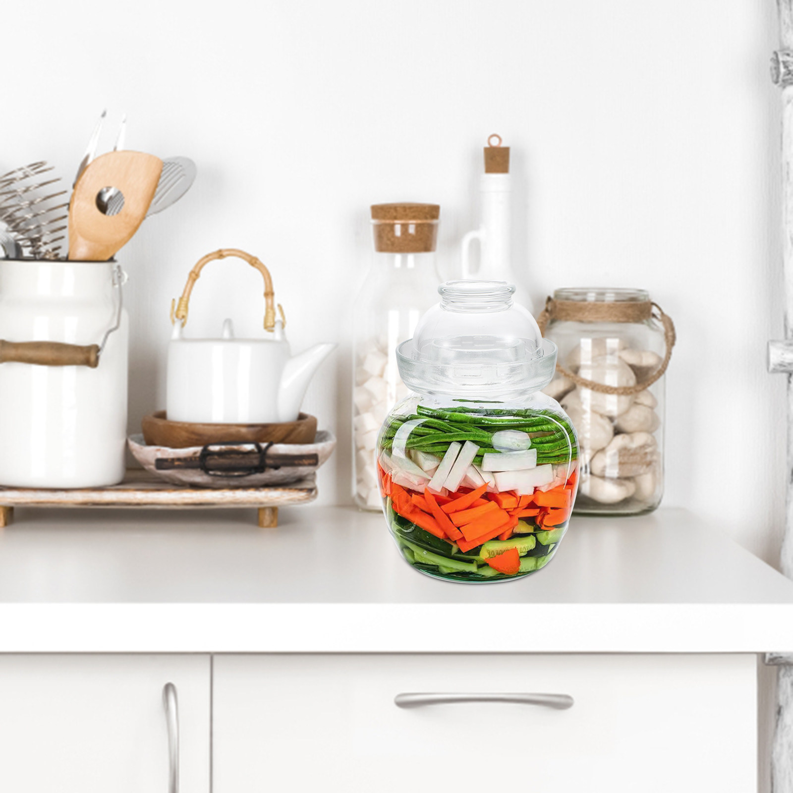 Food Storage Glass Containers Large - 高級食品グレードガラスピクルスジャー、気密シール付き、防塵・防虫、モダンな透明キッチン収納容器、大容量