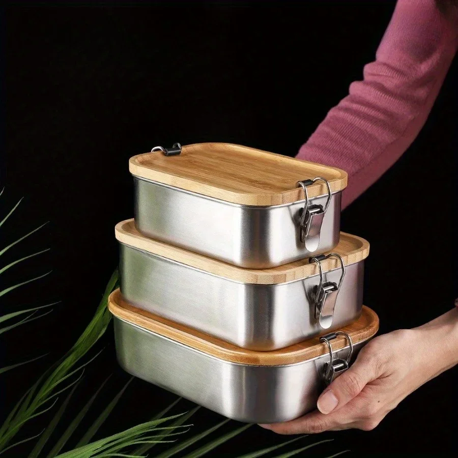 Food Storage Square Containers - 新しい304ステンレス製竹製蓋付きランチボックス、和風蓋付き保存容器、ランチボックス、食品保存容器