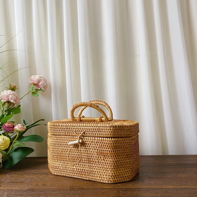 Bread Box Bamboo - キッチン手織り籐収納ボックスハンドル付き籐飾りボックス茶食品容器ピクニックパンフルーツケーキバスケットオーガナイザー