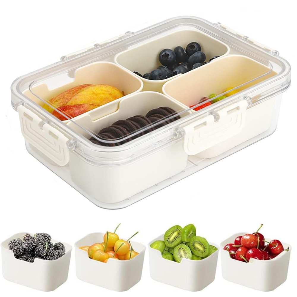 Food Storage Square Containers - ポータブル食品保存箱、スナック収納ボックス、蓋付き4つのコンパートメント、独立したサービングトレイ、キッチン用スナックボックス、フルーツフードコンテナ