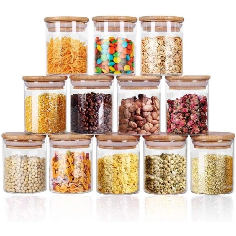Food Storage Glass Containers Large - 竹製の密閉蓋とラベル付きガラス瓶12個セット、食品シリアル保存用大型スパイス容器、キッチン用塩砂糖穀物用