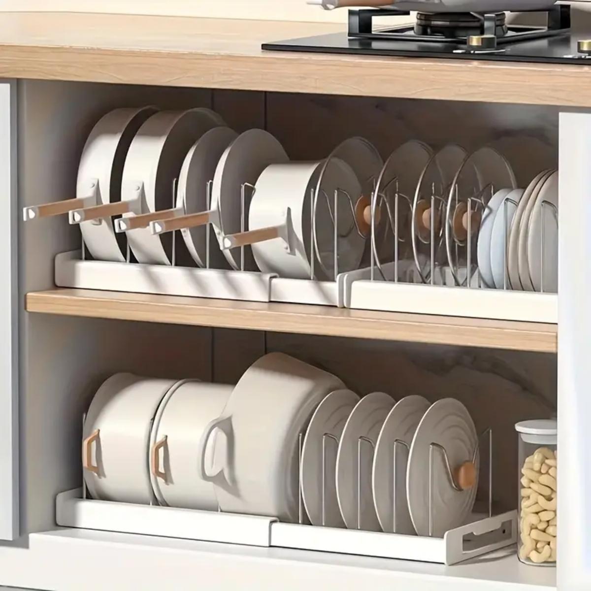 Food Storage Dividers - 拡張可能なキッチンポットパンオーガナイザー、キャビネット下用、7つの調整可能な仕切り付き、食品保存容器、蓋収納、1パック