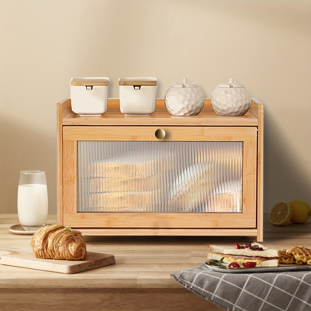 Bread Box Bamboo - 2段式竹製ブレッドボックス、透明窓付き、大型ヴィンテージキッチンオーガナイザー、カウンター、パントリーでのパン、ペストリーの保管に