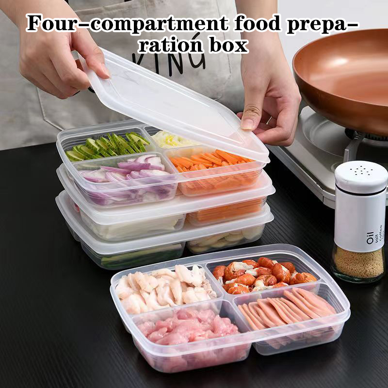 Food Storage Square Containers - 新しい【4グリッドプラスチック収納ボックスポータブルコンパートメント冷蔵庫冷凍庫オーガナイザー透明食品果物小分けボックス】
