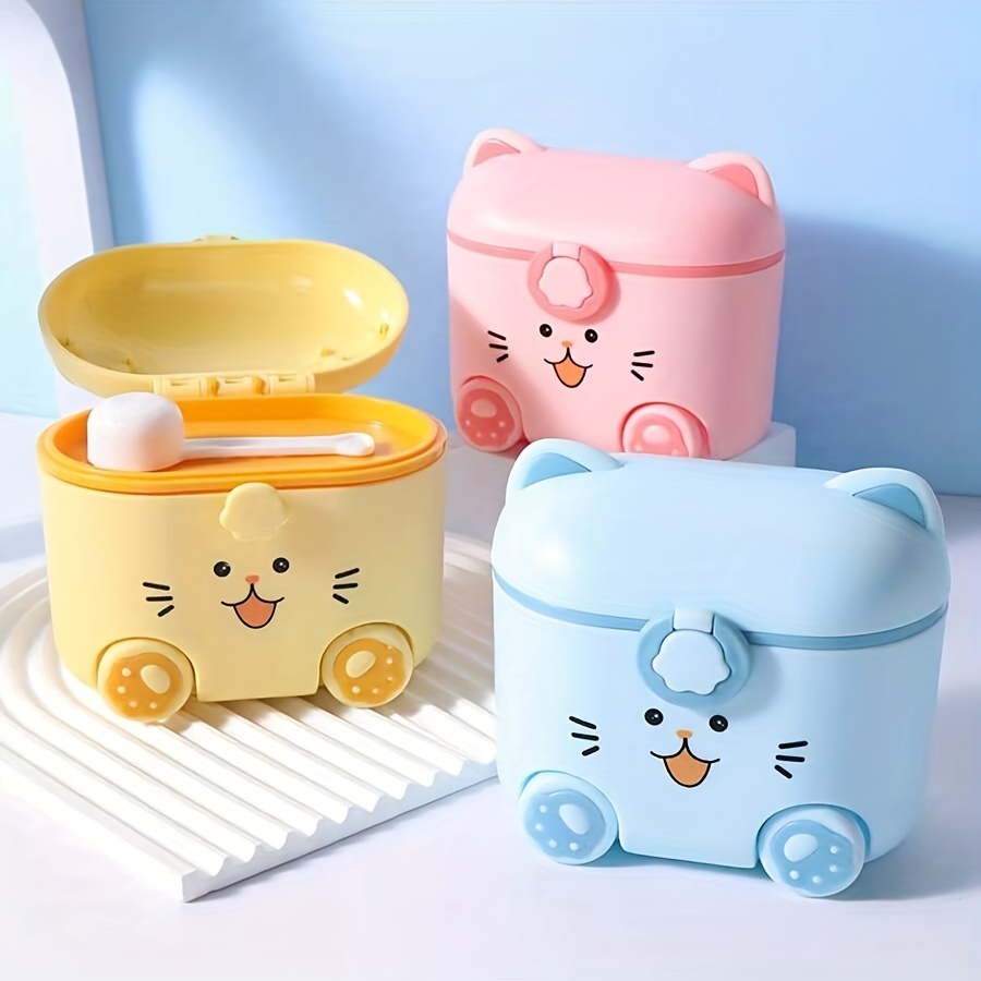 Food Storage Locker - かわいい猫のミルクパウダー容器、スプーンとロック付き、ポータブル屋外用食品保存ボックス、スナックボックス