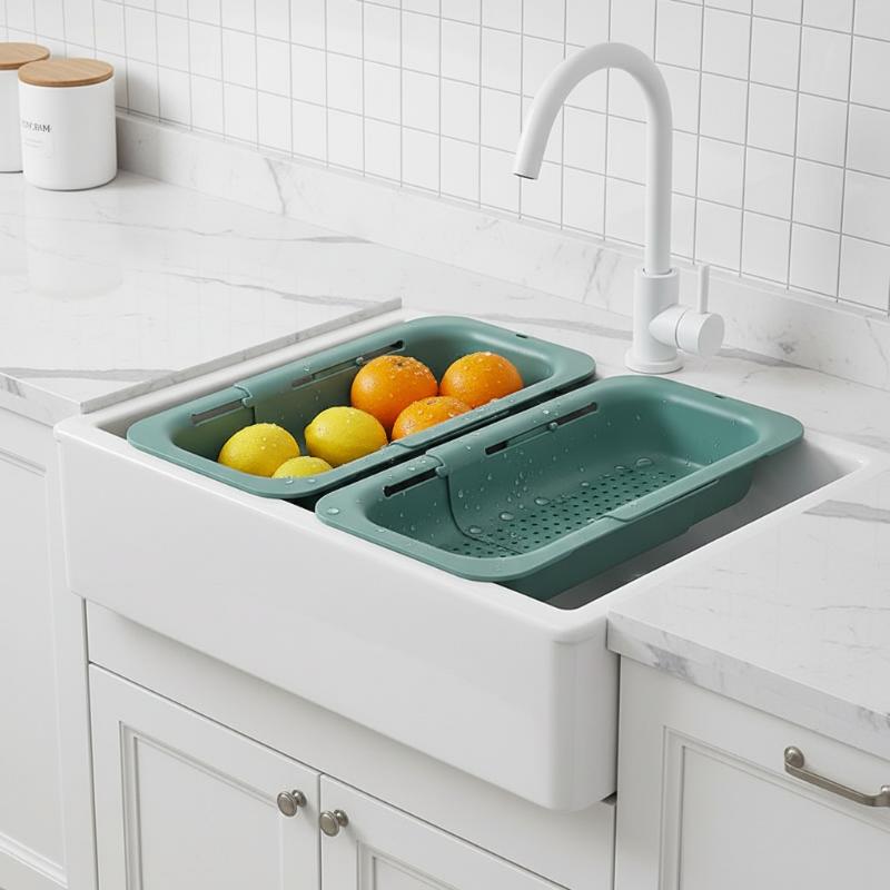 Food Storage Non Toxic - 伸縮式排水バスケット、軽量シンク収納バスケット、非毒性プラスチック製、食品接触に安全、取り付け簡単