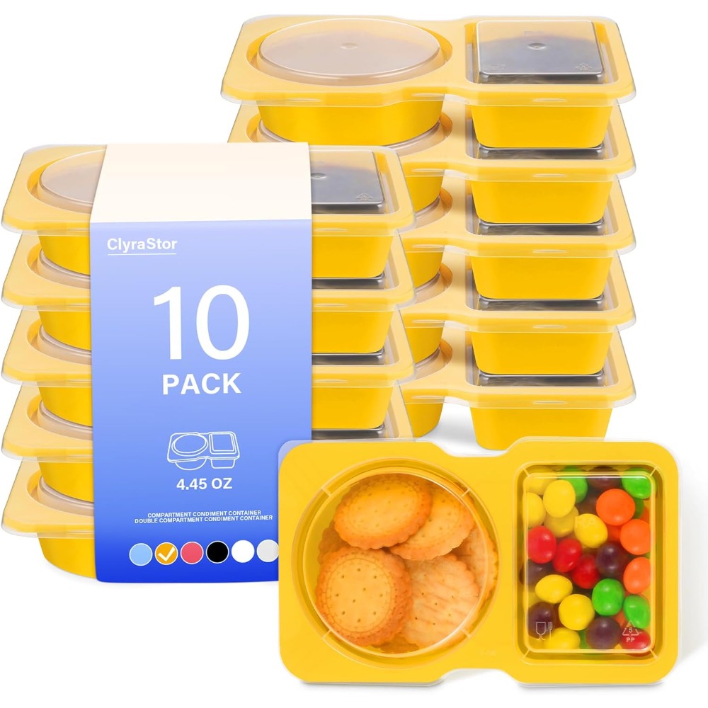 Food Storage Yellow - 2つのコンパートメントに分かれた使い捨てプラスチック製スナック容器（蓋付き）、10個入り黄色い食品保存容器（ソース、サラダ、調味料、ディップ、ドレッシング、ランチ、食事の準備、食事量管理、子供のおやつ、パーティー、ピクニック、旅行用）