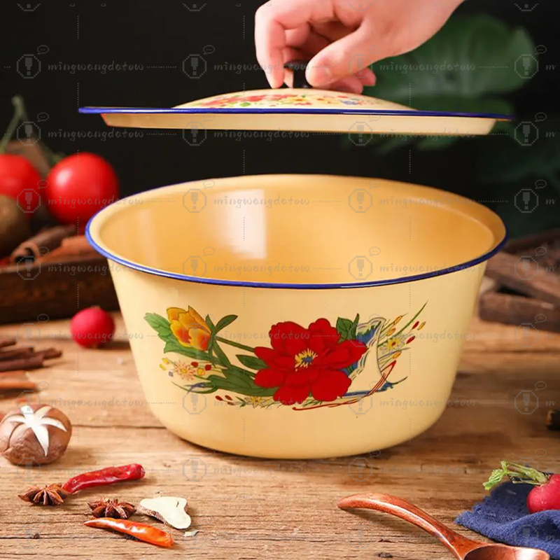 Food Storage Yellow - 食品保存容器 エナメル製ボウル クラシック ヴィンテージ エナメル製ケーキ容器 蓋付きボウル
