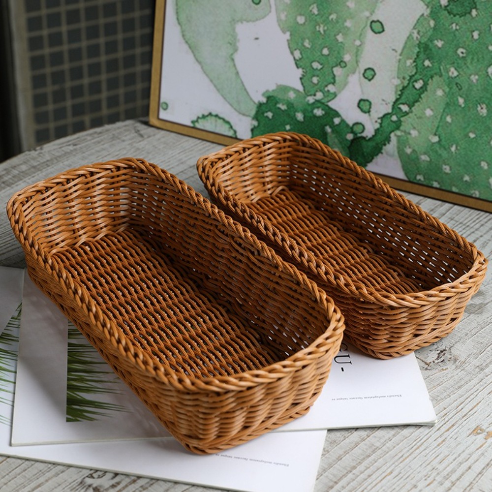 Bread Box Bamboo - 模造籐収納バスケットフェイク籐トレイプラスチックピクニックバスケットパン食品プレートフルーツボックスデスク装飾