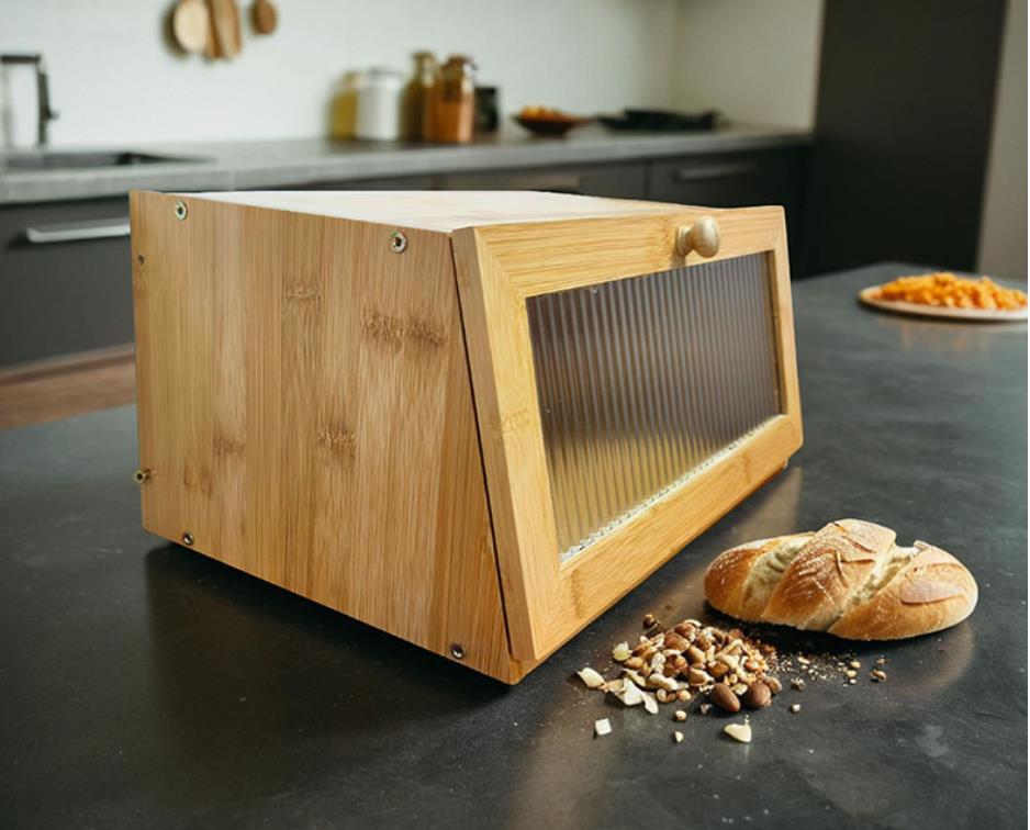 Bread Box Bamboo - 竹製ブレッドボックス キッチンカウンター用 パン/朝食保存容器 大容量 透明前面 滑り止め底