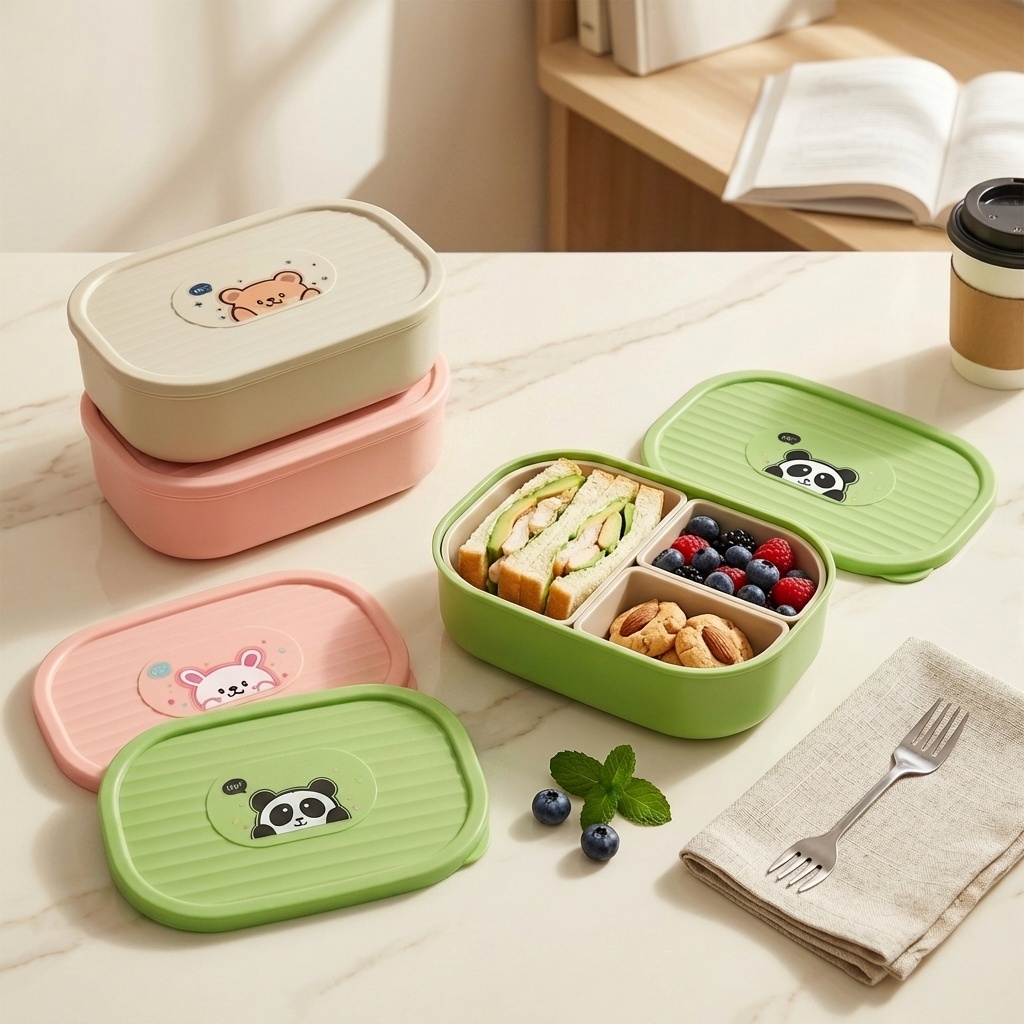 Food Storage Dividers - かわいいプラスチック製の分割ランチボックス子供学生用ポータブル密封された取り外し可能な3グリッドフルーツサラダ食品容器電子レンジ対応