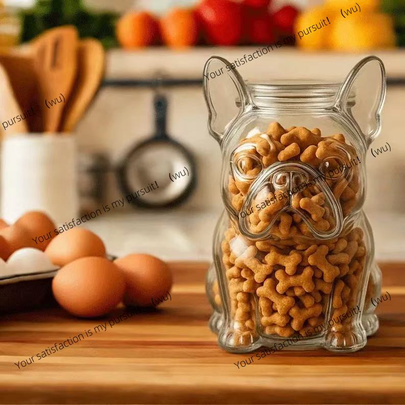 Food Storage Glass Containers Large - 犬用ハンドリングコンテナ ブルドッグ型ガラス製ドッグスナックジャー 大型犬・中型犬用 ポータブルデザイン ペットフード保存ジャー
