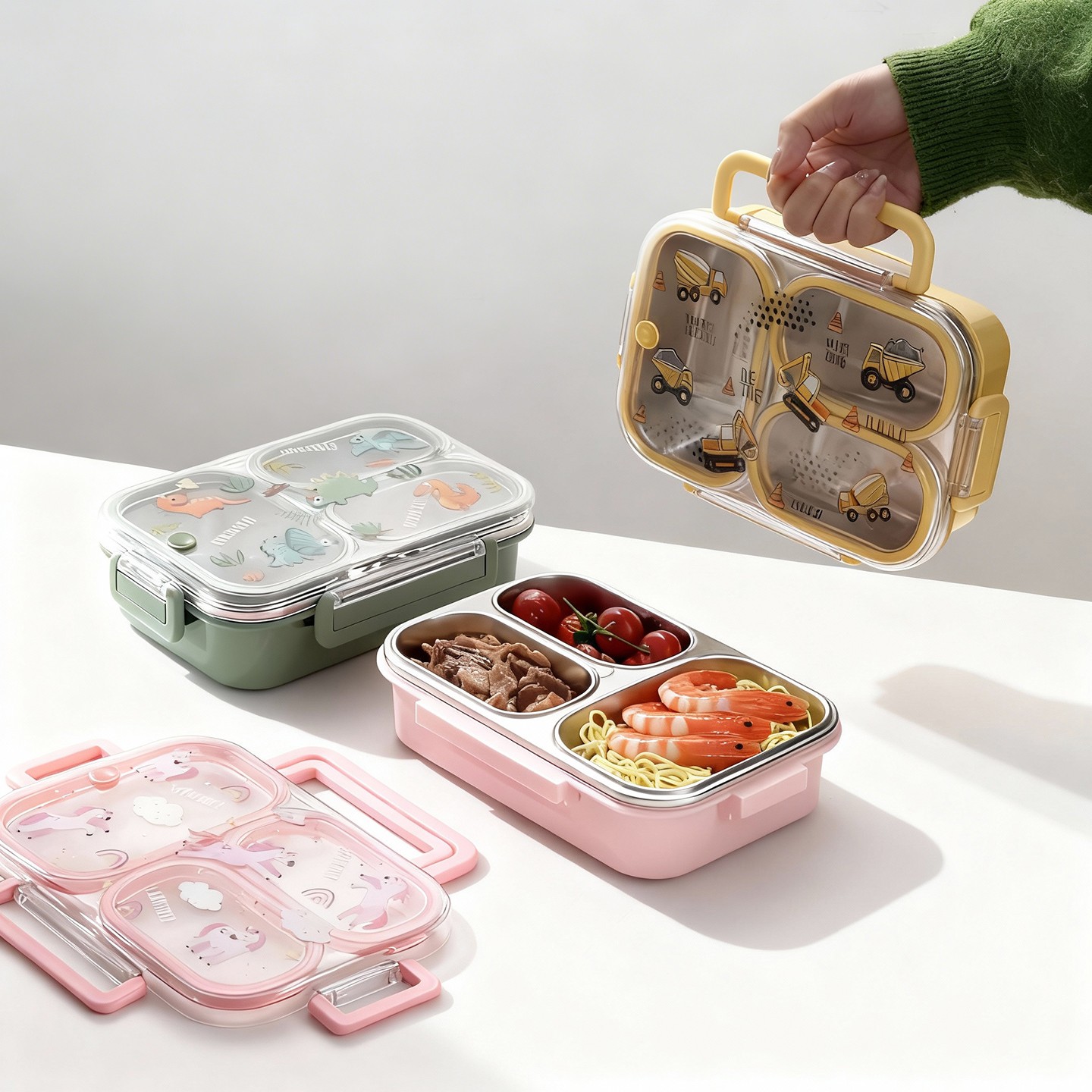 Food Storage Dividers - 大容量漫画柄子供用ランチボックス、ハンドル付き、持ち運び可能、漏れ防止、304ステンレス鋼製、仕切り付き食品容器、加熱可能