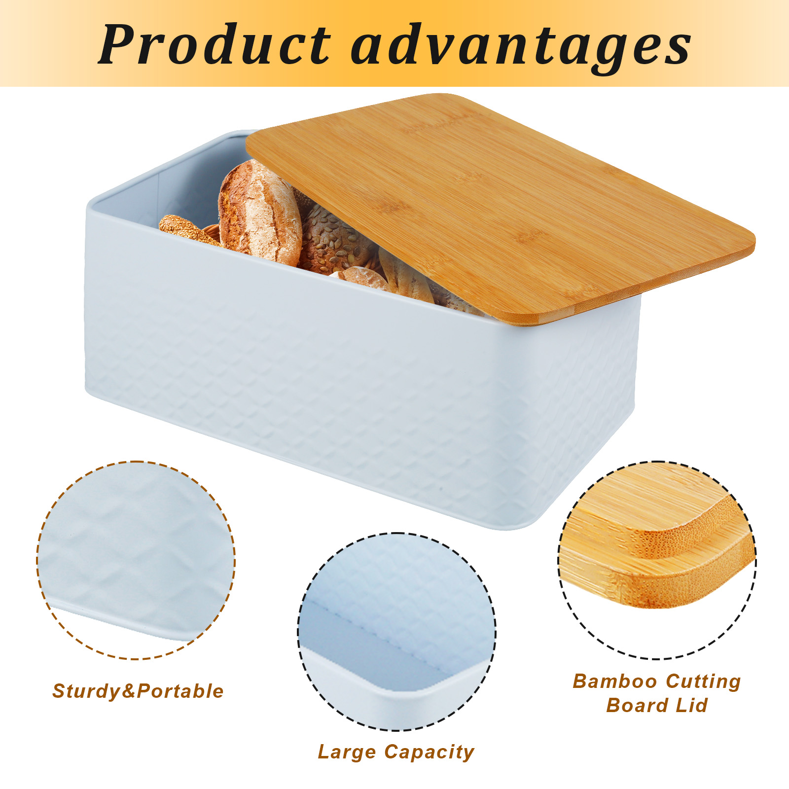 竹のふたが付いた金属製のパン箱,再利用可能な通気性のあるパン - Bread Box Bamboo のレビューと価格