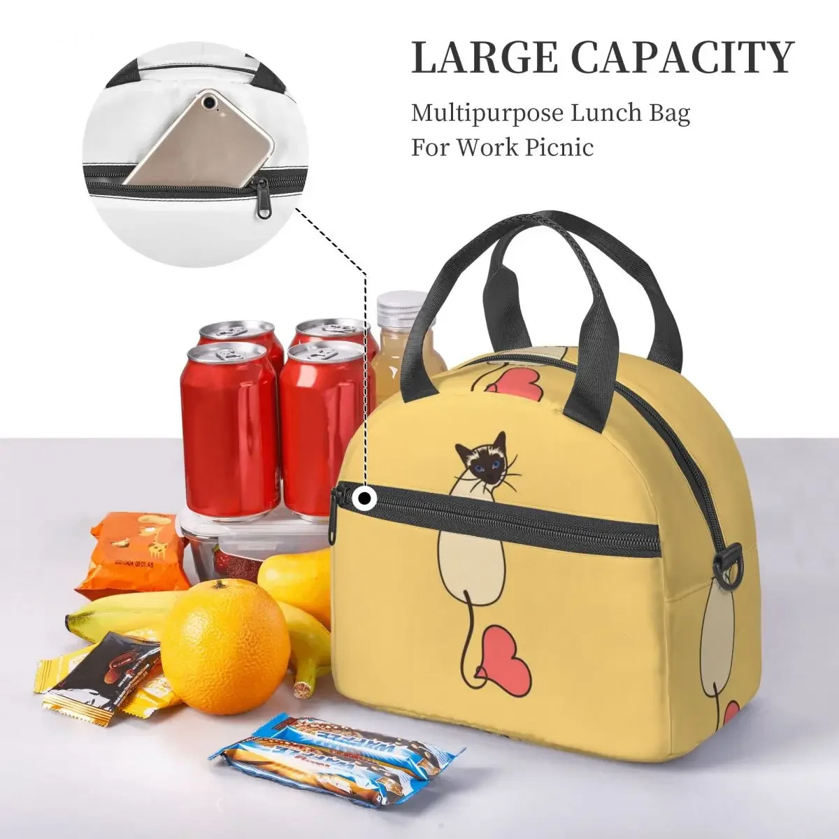ラブシャムキャットイエロー断熱ランチバッグ学校ピクニック用収 - Food Storage Yellow のレビューと価格