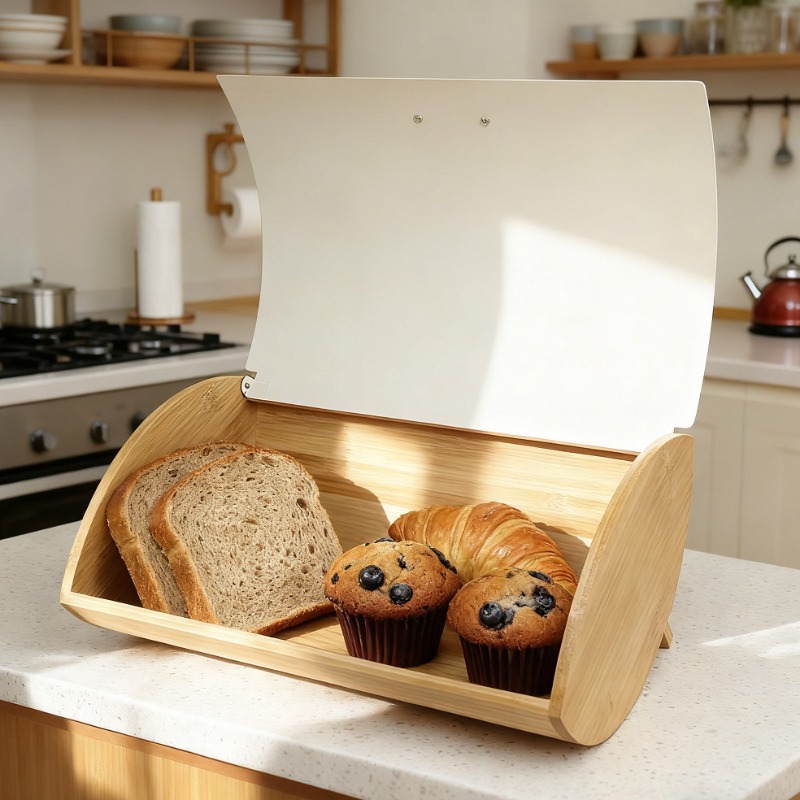 竹製カバー付きパンケース、家庭用鉄製収納ボックス、キッチン収 - Bread Box Bamboo のレビューと価格