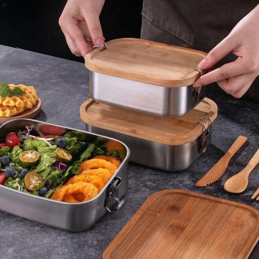 新しい304ステンレス製竹製蓋付きランチボックス、和風蓋付き - Food Storage Square Containers のレビューと価格
