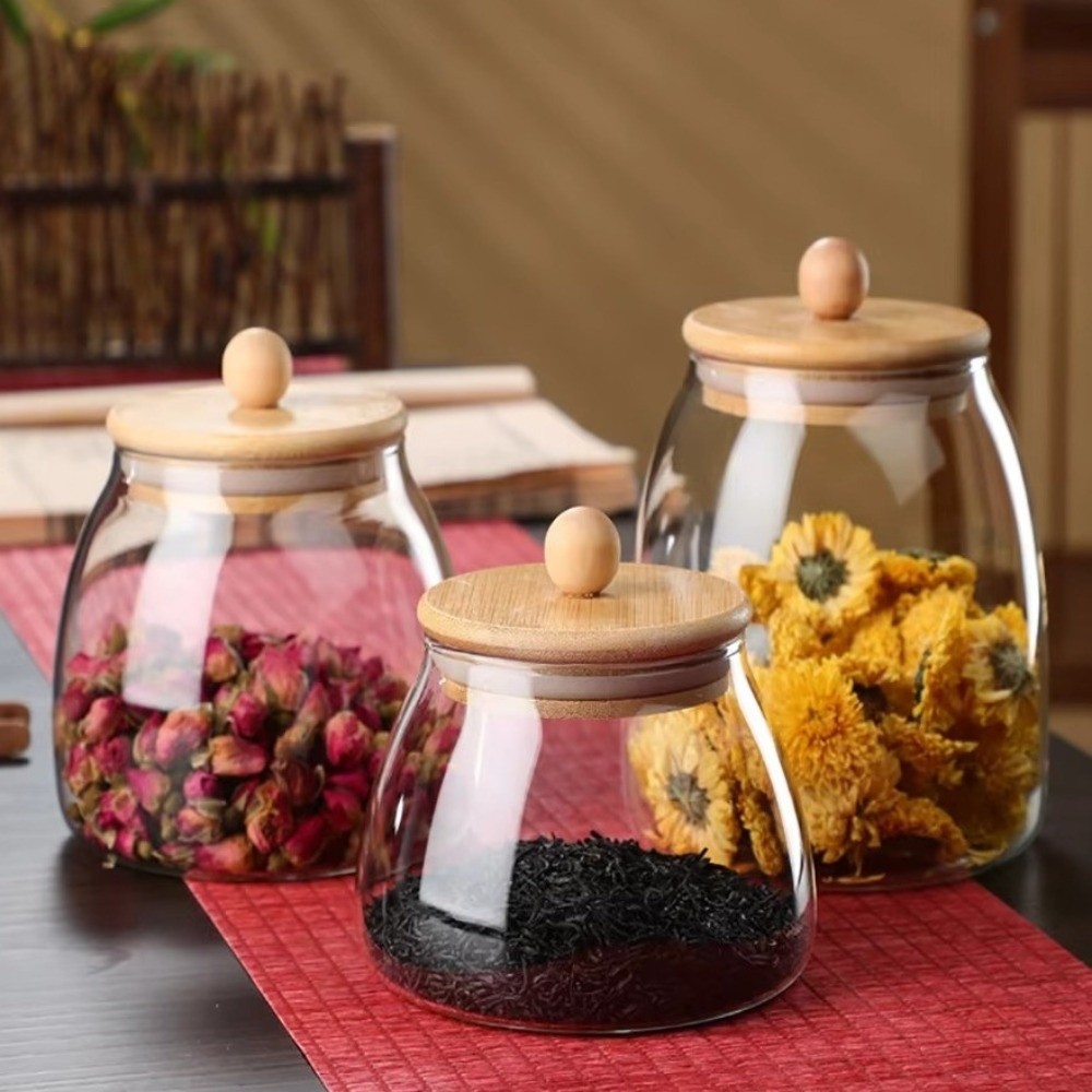 透明な気密ガラス容器 大容量 木製蓋付き 茶葉保存瓶 防湿ガ - Food Storage Glass Containers Large のレビューと価格