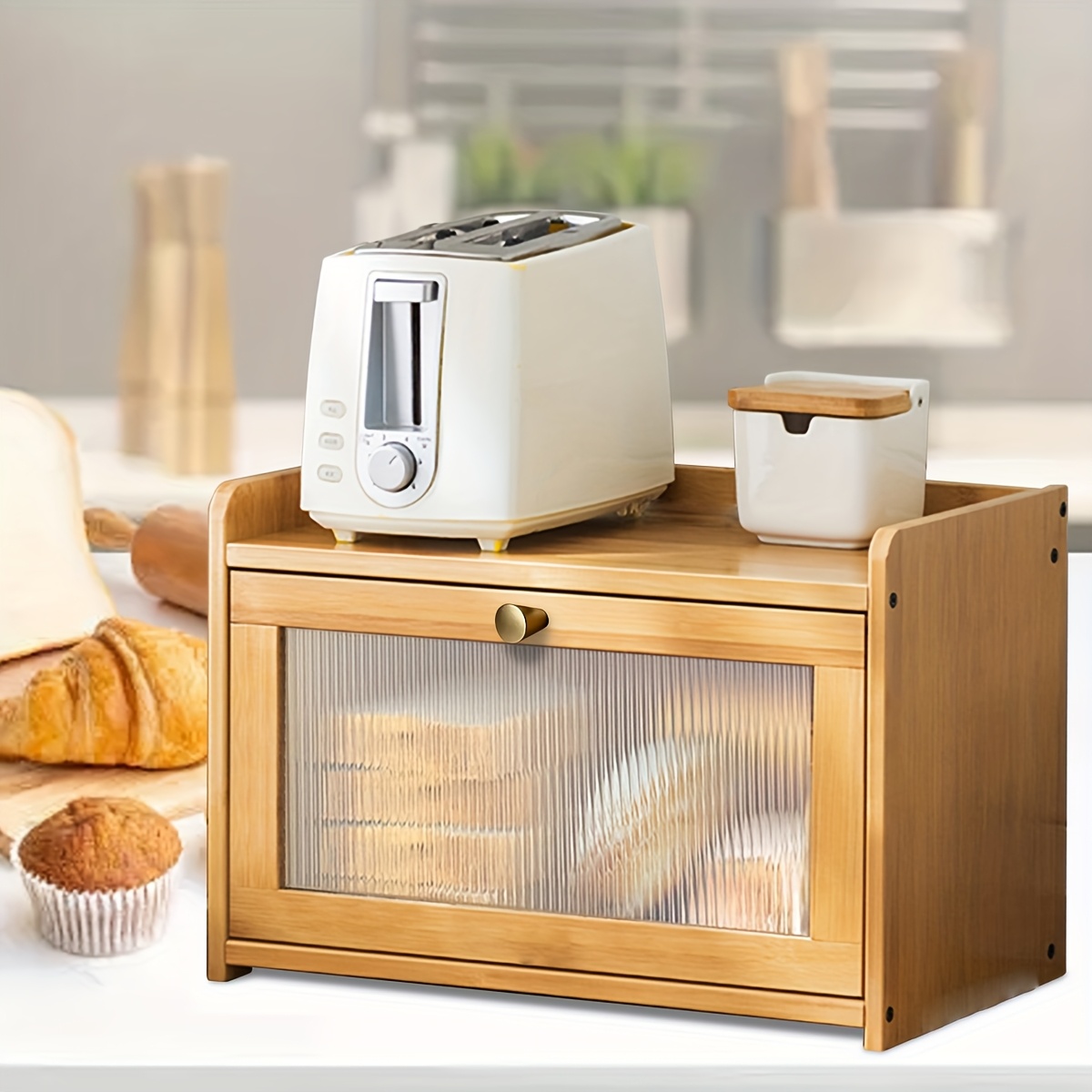 2段式竹製ブレッドボックス、透明窓付き、大型ヴィンテージキッ - Bread Box Bamboo のレビューと価格