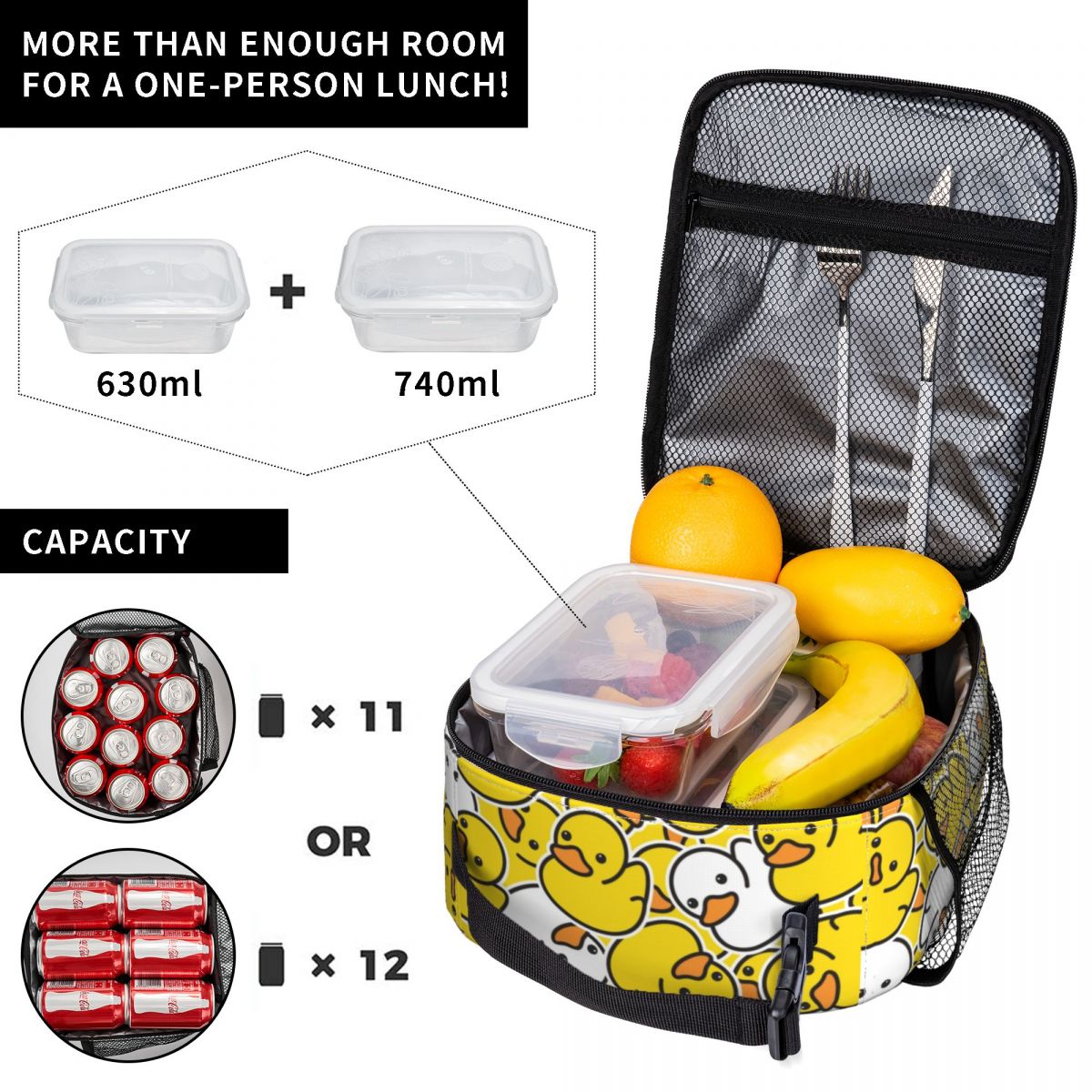 黄色の漫画の動物のゴム製アヒル断熱ランチバッグ女性ポータブル - Food Storage Yellow のレビューと価格