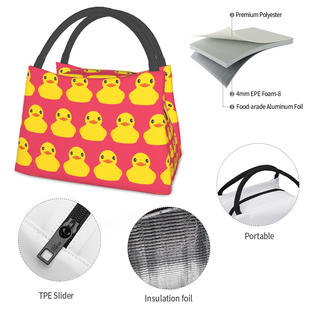 イエロークラシックラバーダック断熱ランチバッグ女性用ピクニッ - Food Storage Yellow のレビューと価格