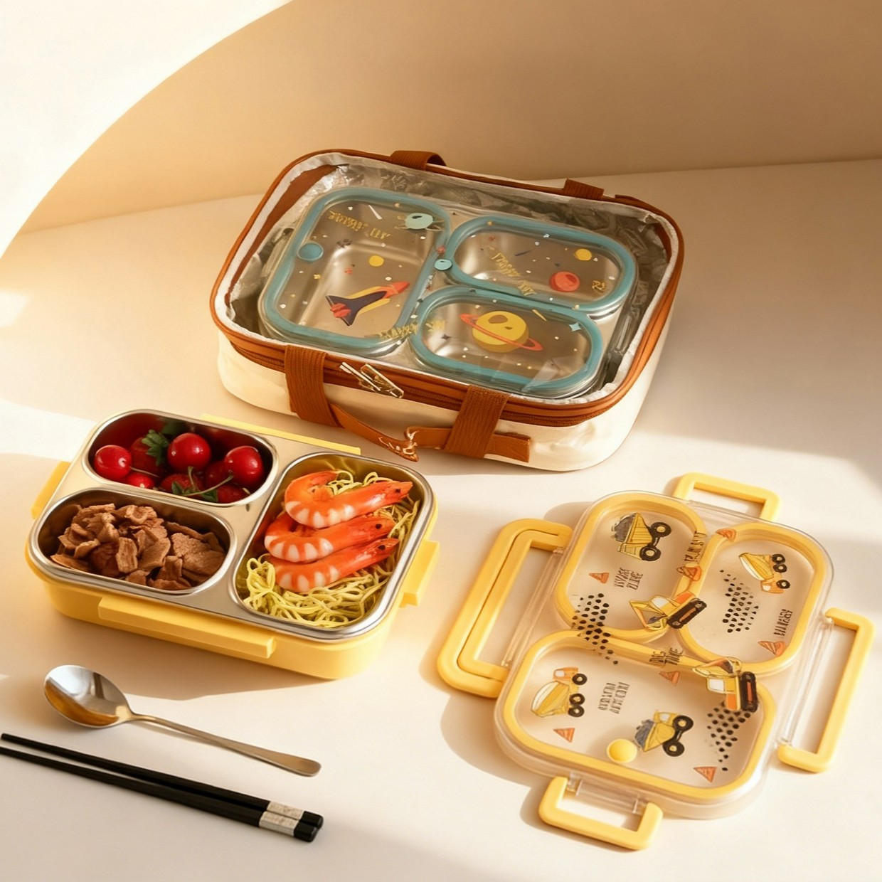大容量漫画柄子供用ランチボックス、ハンドル付き、持ち運び可能 - Food Storage Dividers のレビューと価格